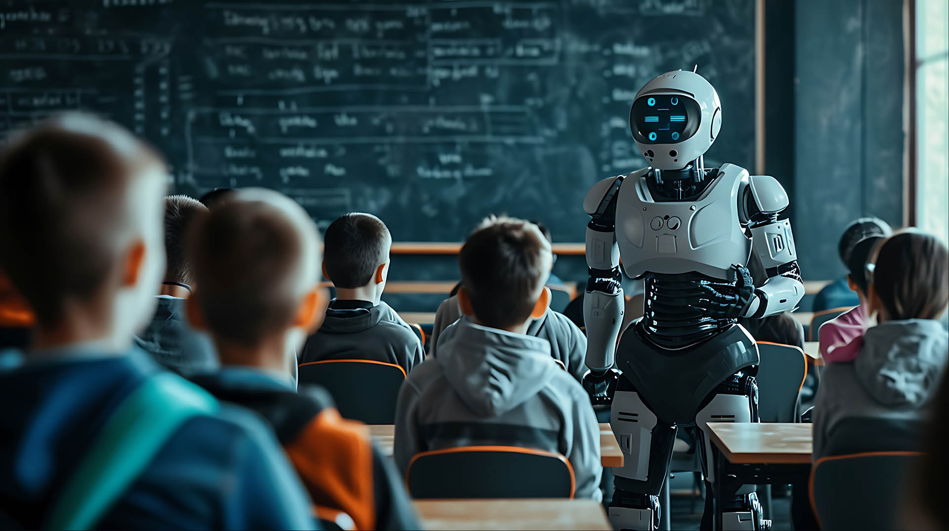 Robot teacher in classroom with students.